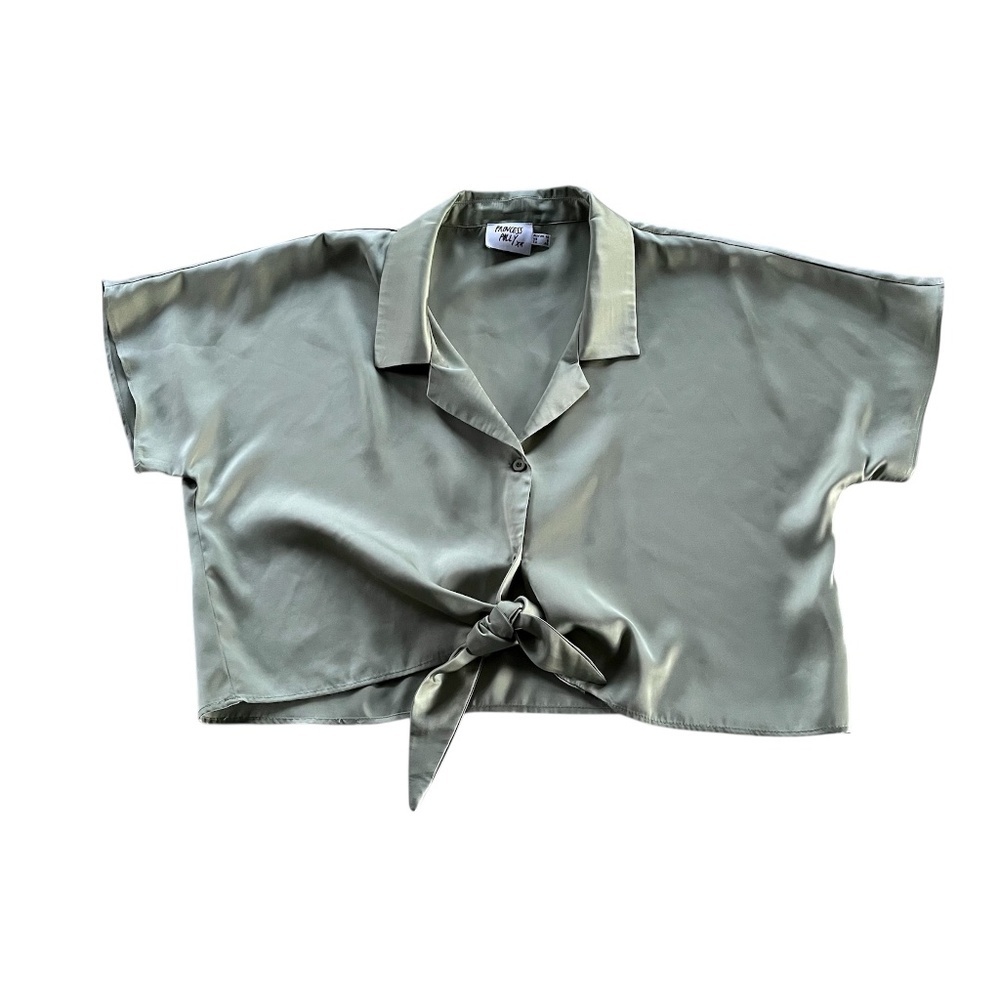Princess Polly Satin Button Up Tie Front Crop Top Sz 8 Sage Boxy Casual Chic Y2K